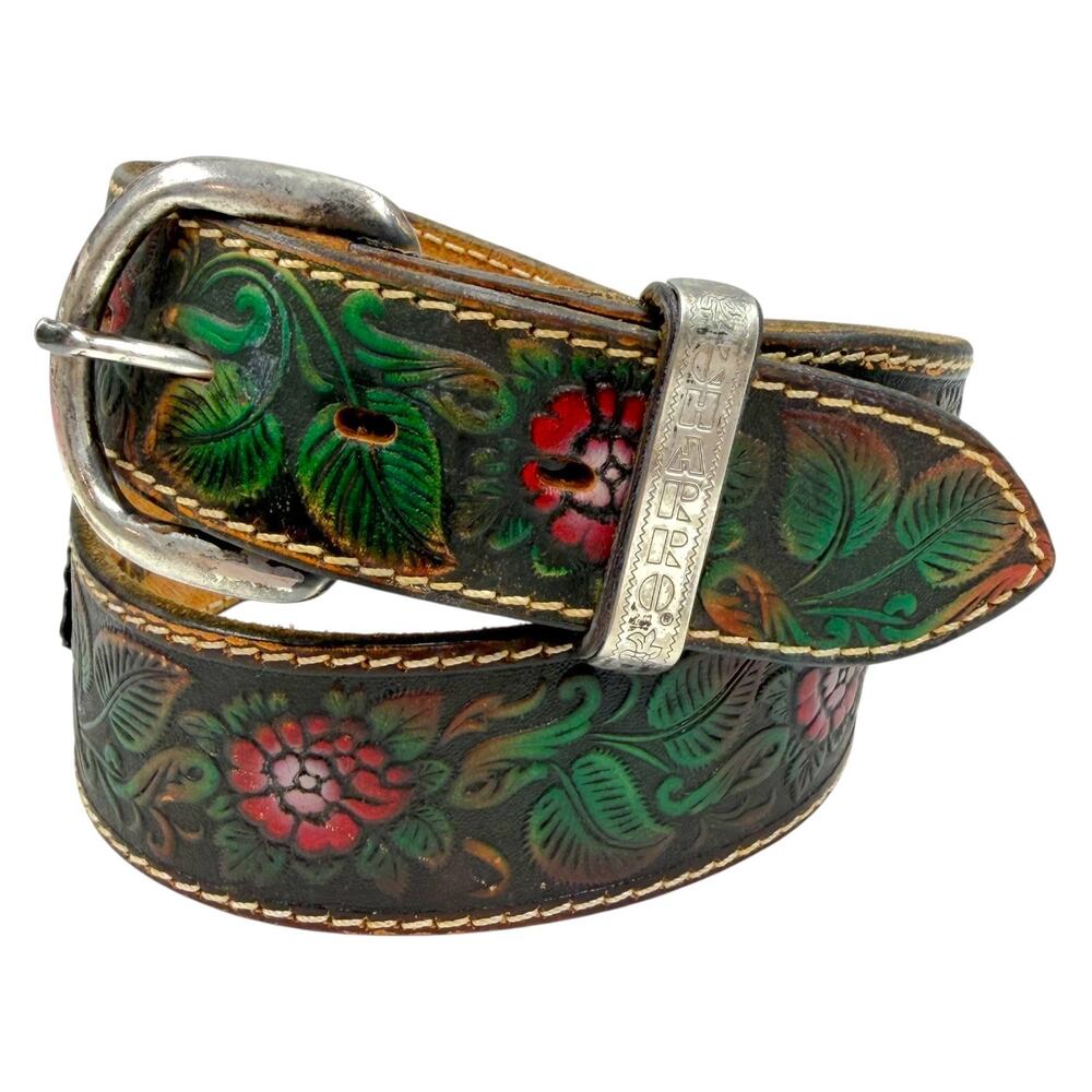 Vintage El Charro Hand Tooled Painted Leather Floral Western Belt 80 90s Boho 30